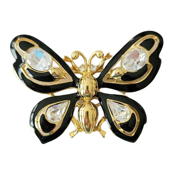 Trifari Gold Tone Clear Rhinestone Black Enamel Butterfly Brooch, Signed M777 - Picture 2 of 8